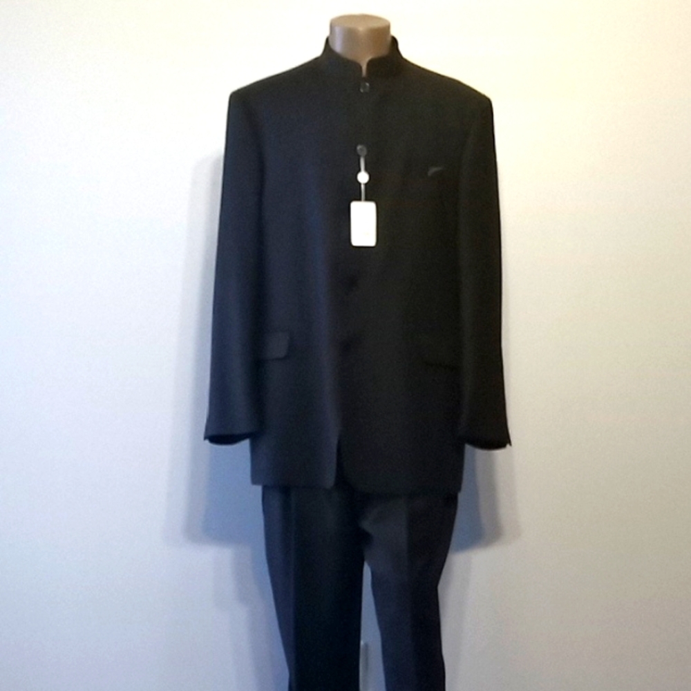 Vintage 2pc Black Men's Pinstripe Collarless Suit by CREME DE SILK